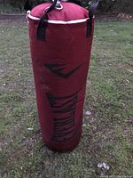 Front view of cylindrical red Everlast punching bag with black logos and hanging straps on grass.