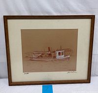 Full view of the framed pastel drawing showing the steamboat Bon Ton on water with a wooden frame and white mat.