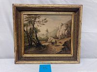 Full frontal view of the painting in frame showing the rustic mountain scene with man, mule, and dog.