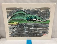 Full view of the Chinese ink and color painting showing the mountain, trees, and water landscape with ink rain effects.