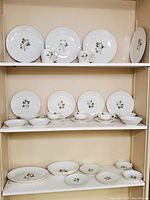 Shelves displaying a variety of plates, cups, saucers, and bowls with floral pattern and gold/beige rim.