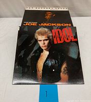 Photo of vintage vinyl record covers including Billy Idol and Joe Jackson