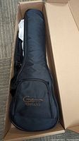 Set of two black padded gig bags inside shipping boxes, each containing a ukulele.