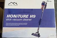 Box front of Honiture H9 stick vacuum cleaner showing model and branding.