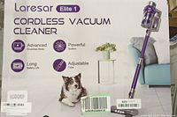 Front of Laresar Elite 1 cordless vacuum cleaner retail box, purple model shown with dog graphic