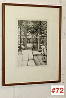 Front view of framed print/etching showing detailed interior scene with garden view through open window, signed and dated 1979.