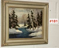 Full view of signed winter landscape painting in painted wood frame