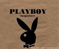Black logo image of Playboy magazine's iconic bunny head and text on brown background.