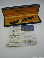 Waterman pen inside original box with instruction leaflet laid in front.