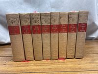 Front spine view of nine vintage books including titles by Shakespeare, Tolstoi, Wilde, Maupassant, Dostoyevsky, Chekhov, Hugo, Kipling