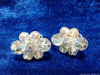 Front view of the pair of clip on earrings showing clear faceted crystal rhinestones arranged in a floral cluster pattern.