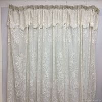 Full view of two lace curtain panels hanging, showing overall appearance, color, and length.