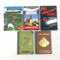 Five Minecraft books displayed on a white surface showing front covers with pixel art and titles.