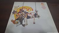 Front cover of Chicago Greatest Hits double vinyl LP album showing the band members on suspended scaffolding and the Chicago logo.