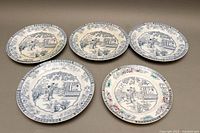 Five plates arranged on neutral background, top view showing front patterns and group count