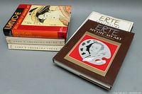 Photo showing a group of five art books stacked and spread out: '250 Years of Japanese Art', two volumes of 'Fans of Imperial Japan', and two Erté books titled 'Erté Sculpture' and 'Erté My Life My Art'.