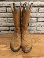 Front view of the pair of light tan cowboy boots showing textured leather resembling exotic hide with decorative overlay stitching on upper shaft.