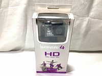 Front view of the Safari 4 HD action camera kit box showing branding, 1080p 60fps, WiFi, and waterproof features