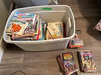 Large plastic bin filled with assorted children's books including various series and titles with a few stacked beside the bin.