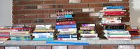 Wide angle view displaying multiple stacks of books arranged on fireplace mantle, showing various subjects: accounting, SAT study, garden, arts and crafts, and general literature.