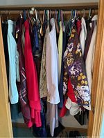 Closet rack with assorted jackets and shirts hanging, colors ranging from red, blue, purple floral, beige, checked, and white dress shirts