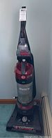 Full view of Hoover WindTunnel 2 Rewind upright vacuum cleaner showing the entire machine from handle to base with clear dustbin and power cord wound in place.