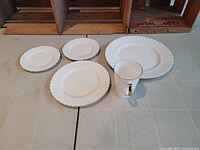 Set of 4 plates and 1 cup arranged on table showing all items individually