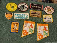 The full group of vintage embroidered patches laid out on a green surface, showing 12 total patches with various sizes and shapes.