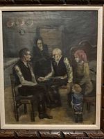 Frontal view of oil painting depicting a family of four seated in a dimly lit interior, in simple wood frame