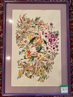 Full view of framed painting with purple mat and silver-tone frame