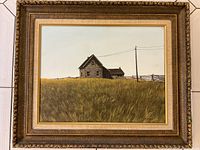 Full frontal view of framed painting showing farmhouse and field