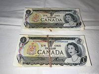 Two stacks of uncirculated one dollar bills showing obverse; top stack serial ECK9033450, bottom stack serial ECK9033200 secured with rubber bands.