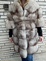 Front view of silver fox coat on model showing full length and 3/4 sleeves