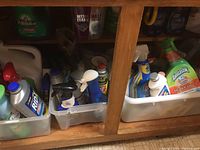 Photo of plastic bins filled with assorted household cleaning products including Palmolive and Rid-X bottles inside a wooden cabinet.