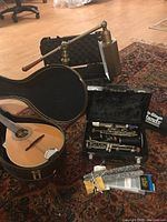 Photo showing mandolin in its case, a disassembled clarinet in open case, and additional accessories on a carpet.