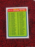 Photo of 1990-91 O-Pee-Chee hockey card checklist showing player names and card numbers 397 to 528 on colored bordered card.