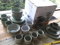 Photo showing the full set of bowls, plates, and cups from Distinctly Home and Lunica Heirloom with box.