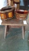 Wood stool with metal and wood container and wood duck planter on top, showing the set of three items.