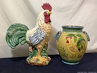 Photo showing full set of two items together: standing rooster figurine and painted rooster vase.