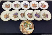 Photo showing all 12 plates arranged: 5 scalloped-edge plates with fruit, 6 smooth gold rim fruit plates, and 1 collector plate with floral basket