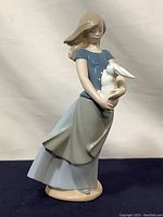 Full side view of the porcelain figure showing the girl in a blue top and long skirt holding a white rabbit.