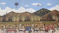 Close-up photo of framed print showing detailed folk art scene of parade with horse-drawn wagons, people, mountains, sky with kites and hot air balloon.