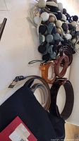Photo showing various belts including some leather and faux tortoise shell buckle along with silk ball necklaces in various neutral colors.