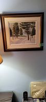 Original oil painting in wood frame, wall-mounted, showing snowy landscape with pine trees