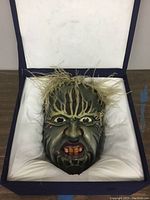 Front view of the composite horror mask inside the fitted case showing mask details and hair-like strands.