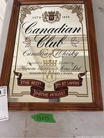 Full view of Canadian Club bar sign/mirror showing text, decorations, and wood frame with measurement label 18x13.