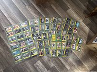 Wide shot of many Raiders of The Lost Ark trading cards spread out on floor, all in plastic sleeves, showing various scenes and characters.