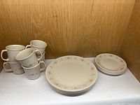 Wide shot showing stacked mugs, large plates, and small plates arranged on wooden shelf