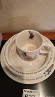 Close view of child cup showing Peter Rabbit child plate set design with storybook text around plate rim.