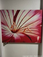 Front view of pink and white flower artwork on canvas.